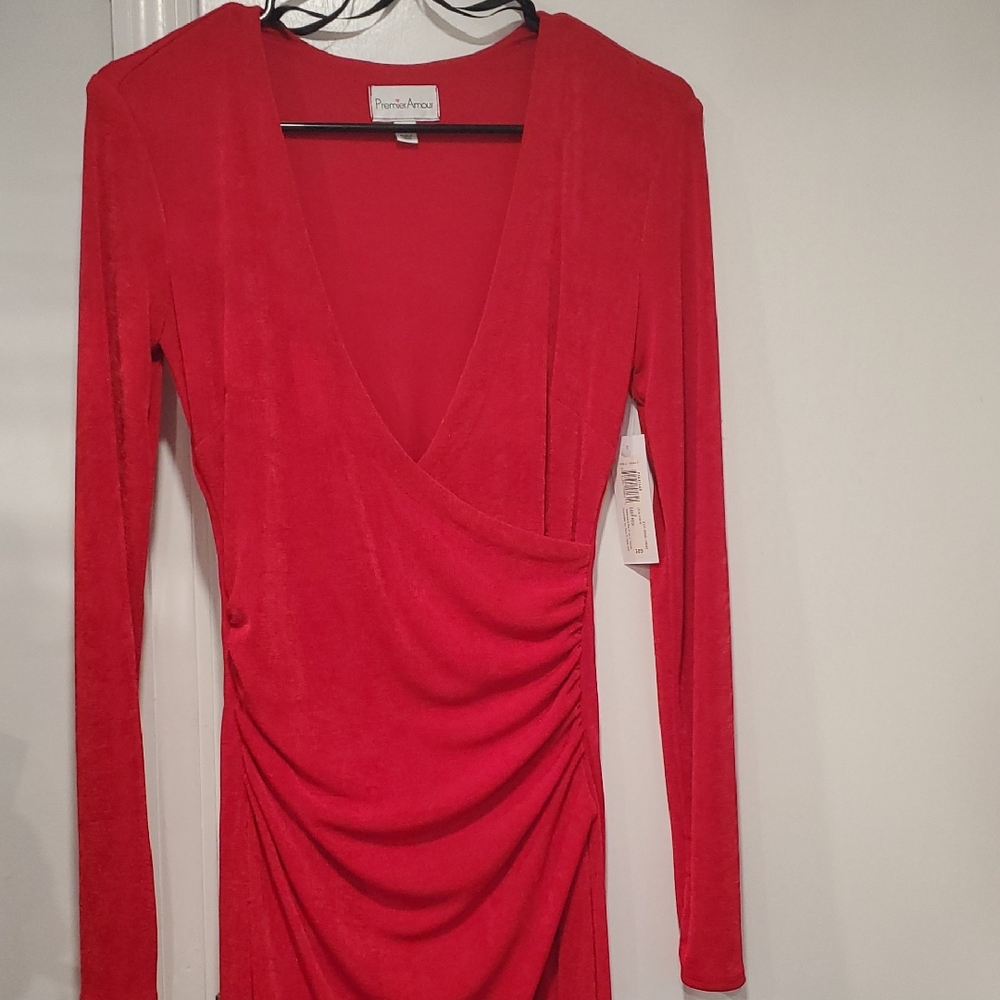 Chic Red V-Neck Dress with Ruched Detail